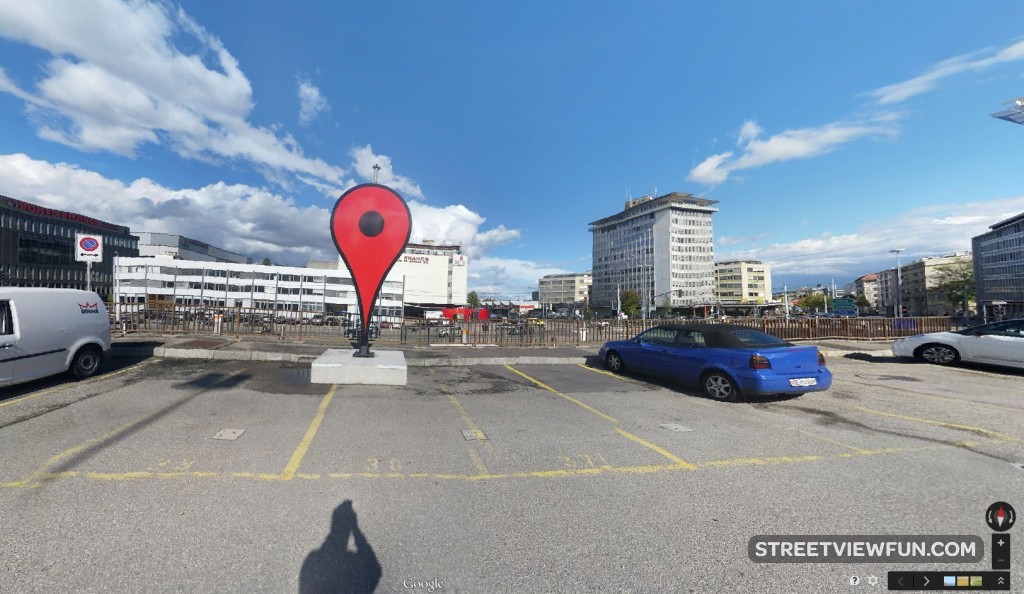 Big placemark sign in Geneva parking lot StreetViewFun
